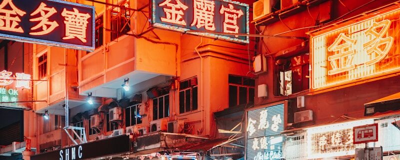 Nighttime street scene in hong kong.